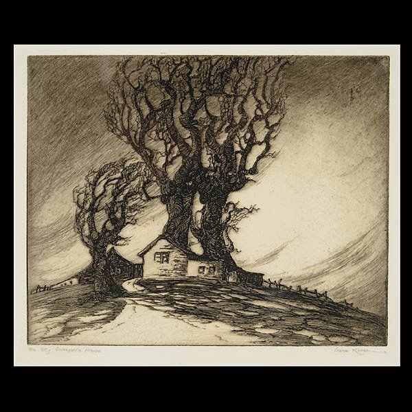 GENE KLOSS "The Sky Sweepers House" : GENE KLOSS (American 1903-1996) "The Sky Sweepers House" Etching on paper. Plate: 6.5 x 8 inches/ 16.5 x 20.3 centimeters. Sheet: 7.25 x 8.5 inches/ 18.5 x 21.5 centimeters. Signed in pencil lower rig