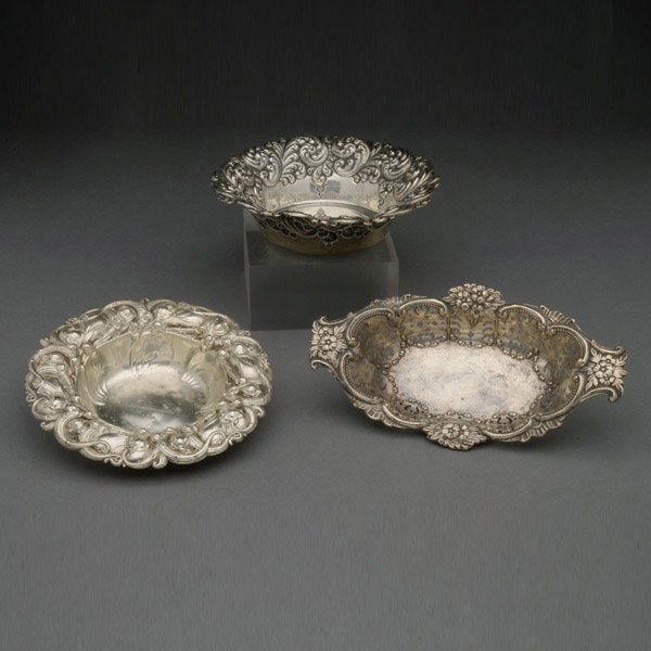 Two Sterling Coasters and a Sterling Dish (3): Two Sterling Coasters and a Sterling Dish (3) {Total silver weight 7.17 troy oz; length of dish 7 1/4 inches}