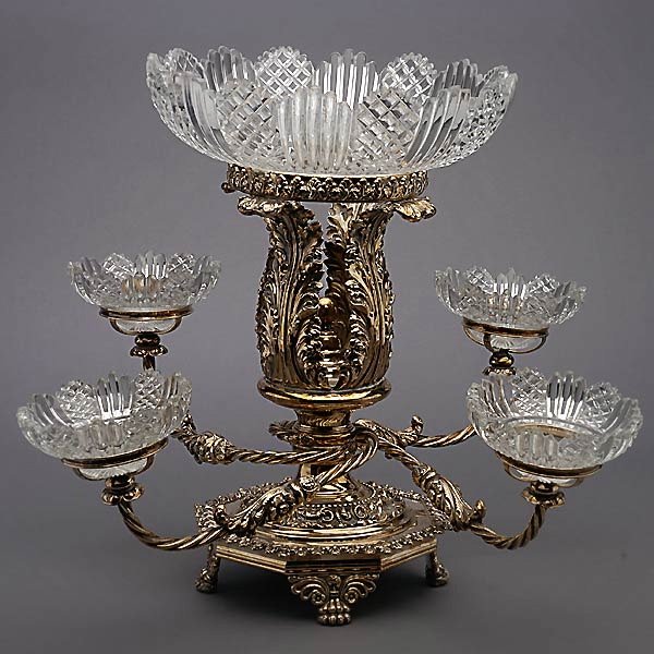 Silver Plate Epergne with Five Cut Glass Bowls: Silver Plate Epergne with Five Cut Glass Bowls {Height 15 inches, maximum dimensions 19 inches}
