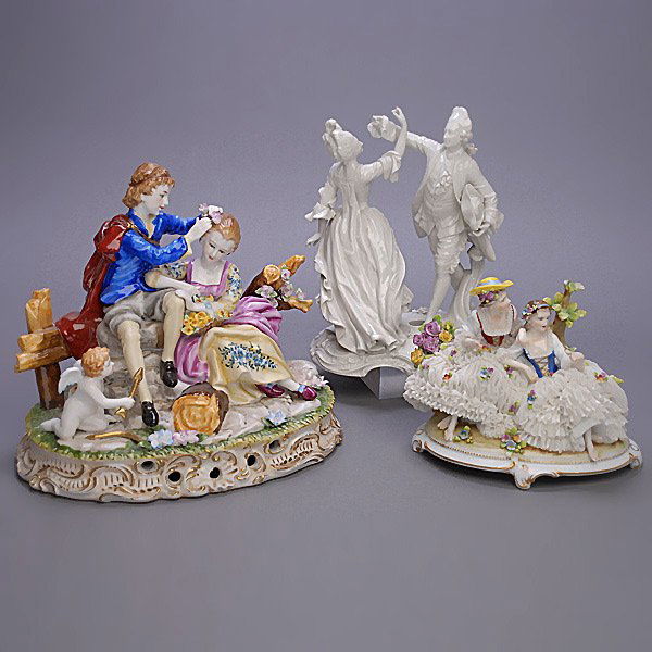 Three Dresden Porcelain Conversation Groups: Three Dresden Porcelain Conversation Groups: one lace with Capodimonte mark; one blanc de chine {Height of tallest 10 3/4 inches}