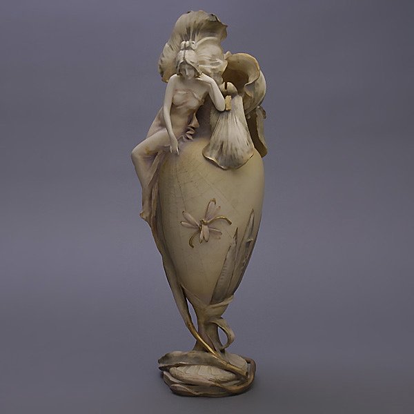 Art Nouveau Amphora Vase with Iris and Figure: Art Nouveau Amphora Porcelain Vase with Applied Iris and Figure {Height 21 1/2 inches}