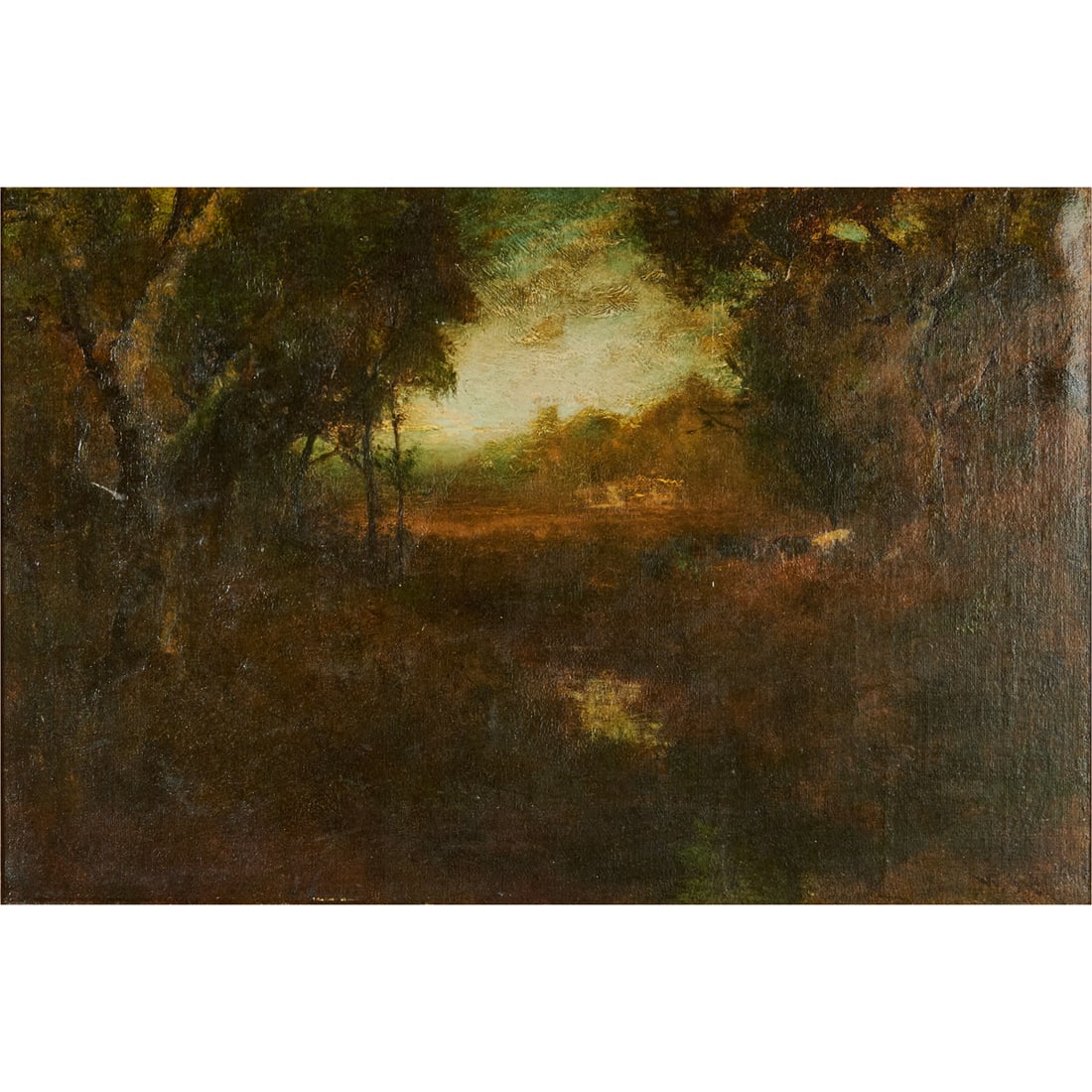 William Keith, Forest Landscape, oil: WILLIAM KEITH (American/CA, 1838-1911), Forest Landscape, oil on canvas board, (approximate dimensions - sight: 15-1/2 x 23-1/2 inches, board: 16 x 24 inches); signed lower right. Condition: Surface d