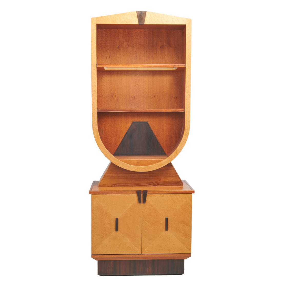 Michael Graves Attributed Arkitektura Custom Cabinet: Michael Graves Attributed Arkitektura Custom Cabinet. Post Modernist teak, maple, oak and rosewood stepback cabinet, attributed to Michael Graves. Vertical oblong upper bookshelf mounted to triangular