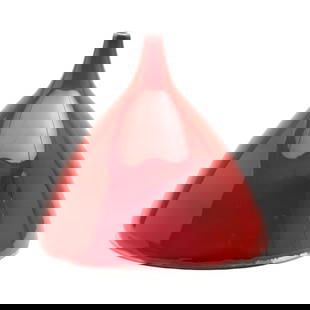 James Lovera Studio Pottery Red Inverted Conical Vase: James Lovera Studio Pottery Red Inverted Conical Vase. James Lovera (American, California 1920-2015). Mottled red glazed black stoneware vessel, of inverted conical form, with elongated, pulled neck.