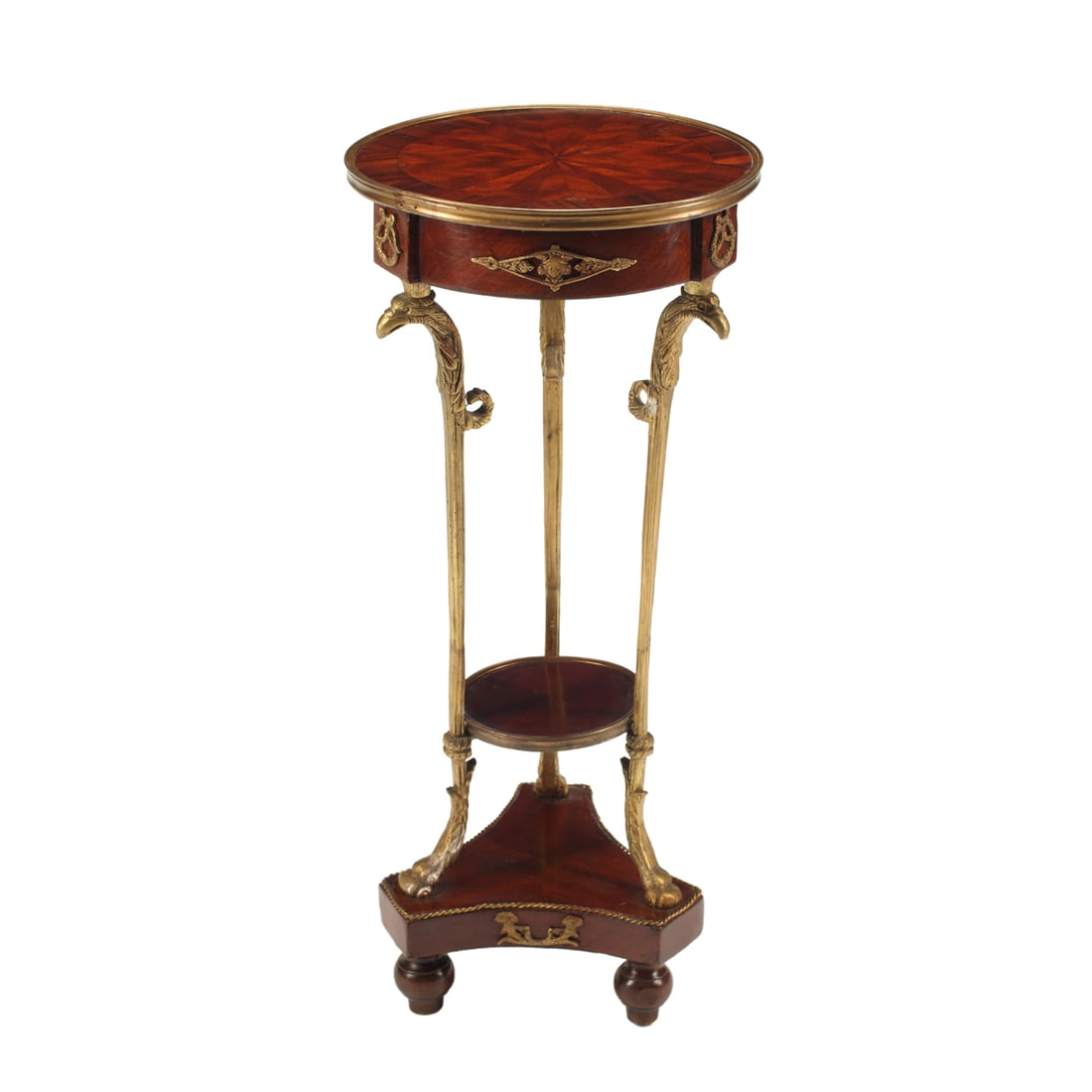Empire Style Mahogany Gueridon: Empire Style Mahogany Gueridon. With gilt bronze mounts, on three ball turned feet. {Approximate dimensions: 32 3/4" high x 13 1/2" diameter.}. Condition: Light surface wear overall. Top with screw he