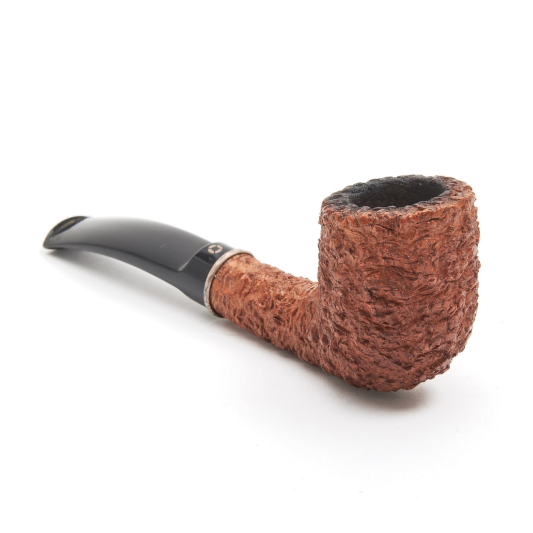 Larry Roush Sterling Silver Mounted Tobacco Pipe: Larry Roush Sterling Silver Mounted Tobacco Pipe. Yacht pipe form; with silver collar and black mouthpiece. Marked "5 / ROUSH / 184 / HAND MADE U.S.A. 1991"; the mouthpiece with "ROUSH". {Approximate 