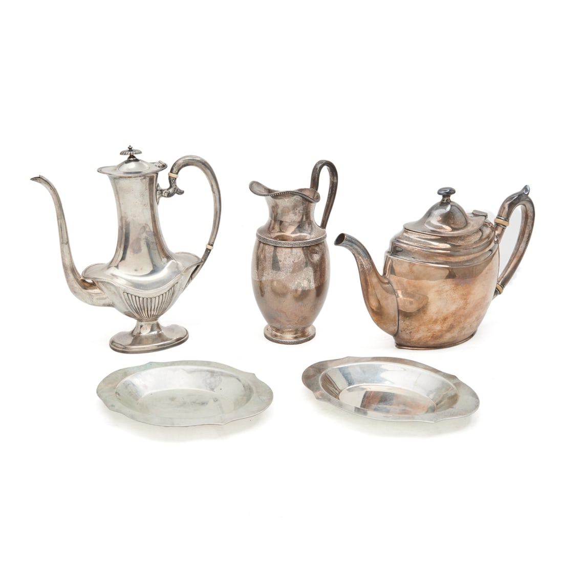 Five Sterling Silver Table Articles Incl Tiffany & Co.: Five Sterling Silver Table Articles Including Tiffany & Co. Comprising Tiffany & Co. "5700" pitcher, Frank Smith coffee pot, Wallace teapot, pair of oval dishes. Markings to the undersides. {Approxima