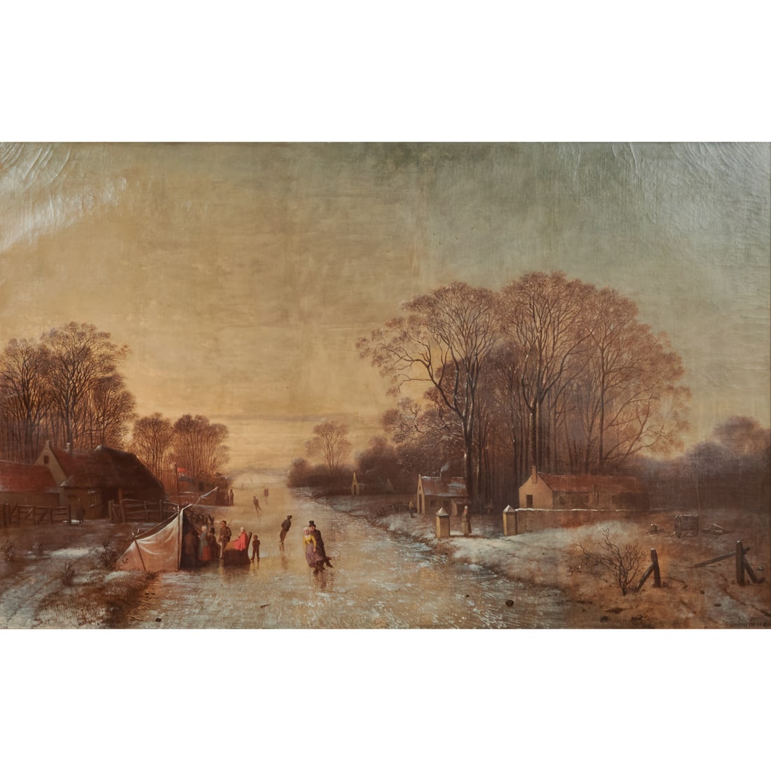 Johann M. Culverhouse, Figures Ice Skating, oil: JOHANN MONGELS CULVERHOUSE (Dutch, 1820/25 - 1891/95) Figures Ice Skating, 1866, oil on canvas, (approximate dimensions - sight: 27-1/2 x 43-3/4 inches, canvas: 28 x 44 inches); signed "JM Culverhouse