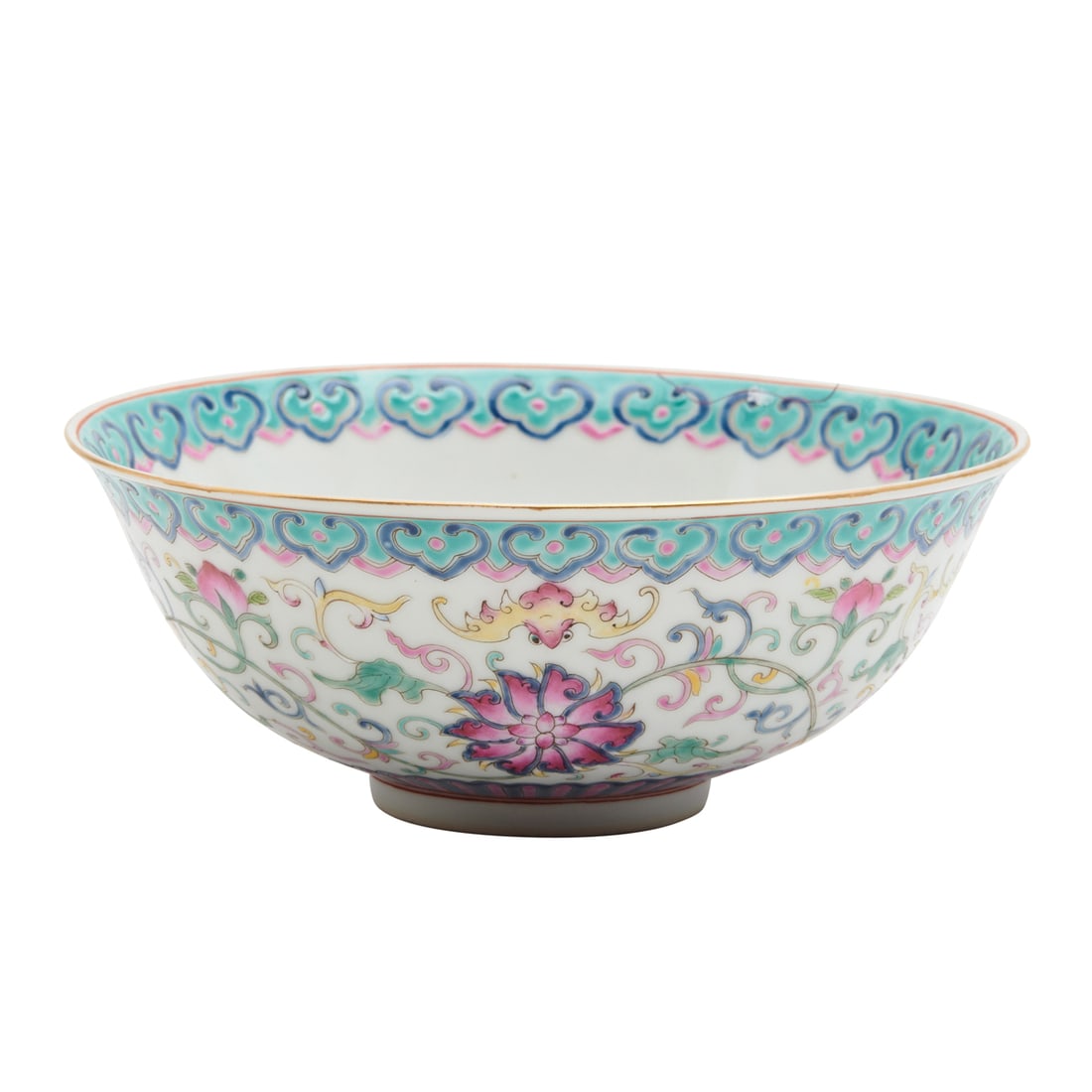 Chinese Famille Rose Porcelain Lotus Bowl: Chinese Famille Rose Porcelain Lotus Bowl. Thinly potted and finely enameled to the exterior with a multitude of red bats in flight, the mouth rim embellished with auspicious symbols like bats and lon