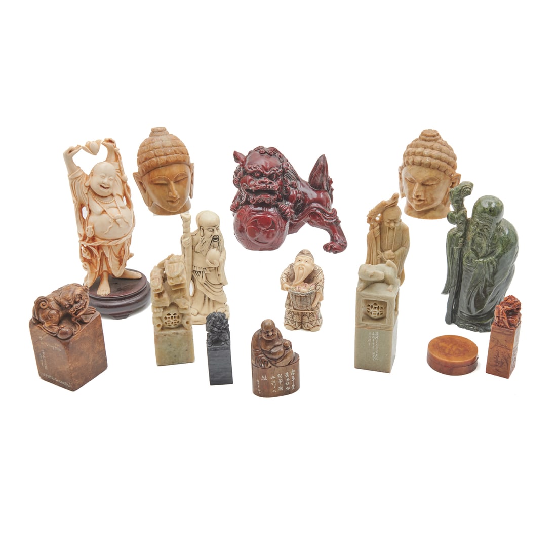 Fourteen Chinese Stamps and Carvings, Including Jade (1 of 4)