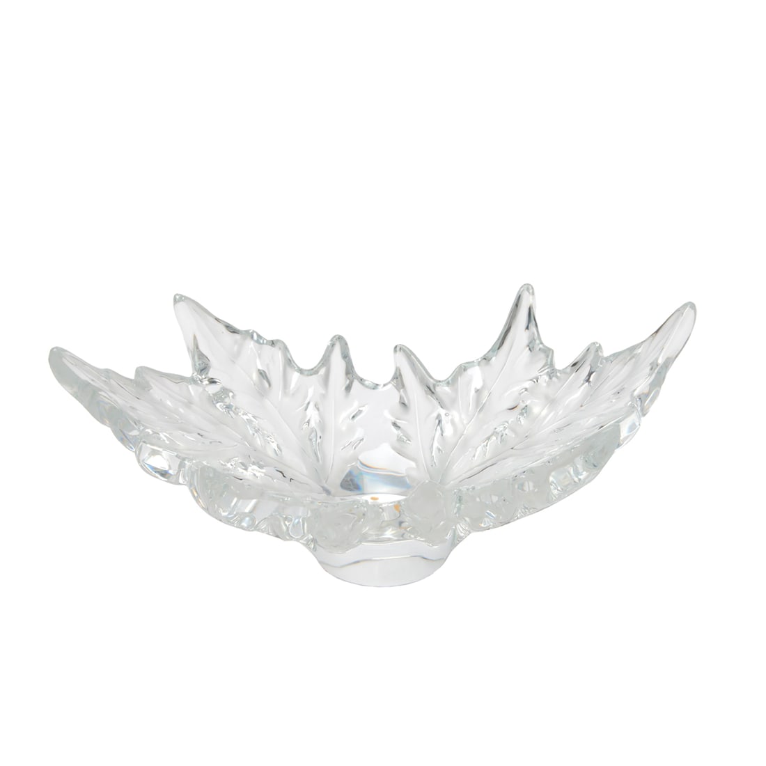 Lalique Crystal "Champs Elysee" Bowl: Lalique Crystal "Champs Elysee" Center Bowl. Frosted and clear crystal leaf form bowl. The underside incised with "Lalique France 1653" and with sticker "1121600". {Approximate dimensions: 7 1/2" high