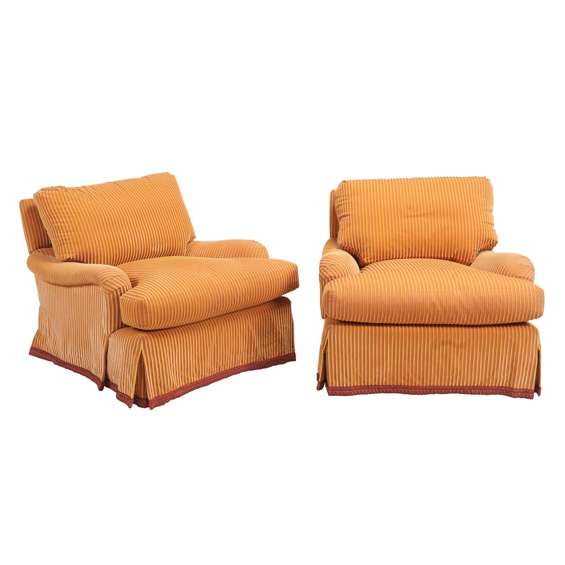 Pair of Tucker & Marks Upholstered Lounge Armchairs: Pair of Tucker & Marks Upholstered Lounge Armchairs. Voided velvet vertical stripe upholstery; raised yellow velvet stripes alternating with red and yellow pinstripe in voided areas. Tucker & Marks la