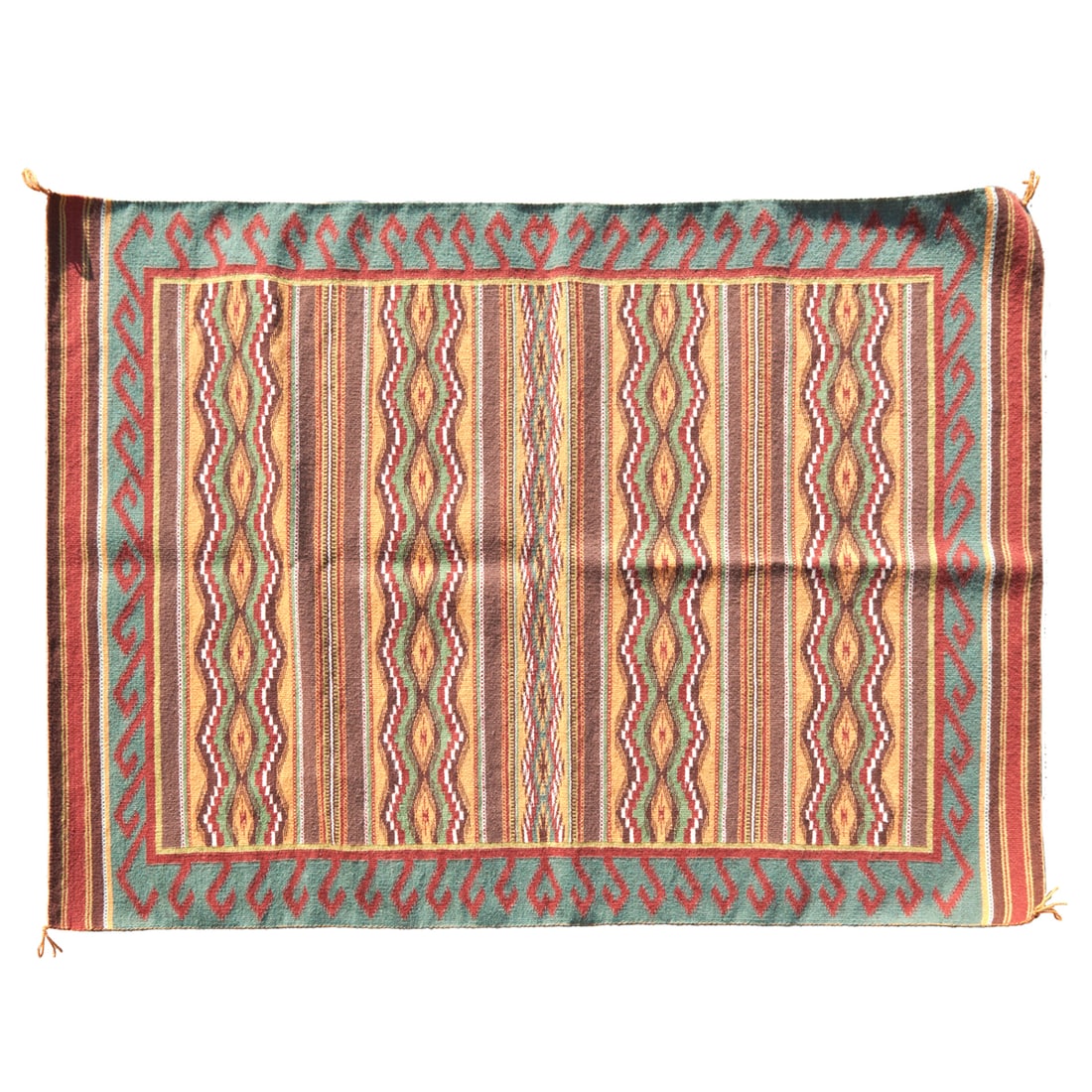 Navajo Wide Ruins Rug: Navajo Wide Ruins Rug. Banded geometric design tightly woven in greens, red, browns, yellow, white. {Approximate dimensions: 4' x 3'.}. Condition: Light wear overall, minor fading and fraying to the e