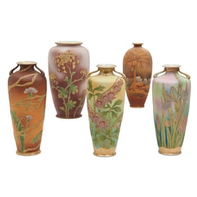 Five Nippon Export Porcelain Coralene Vases