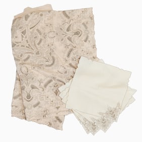 Italian Hand Embroidered Taupe Tablecloth and Napkins