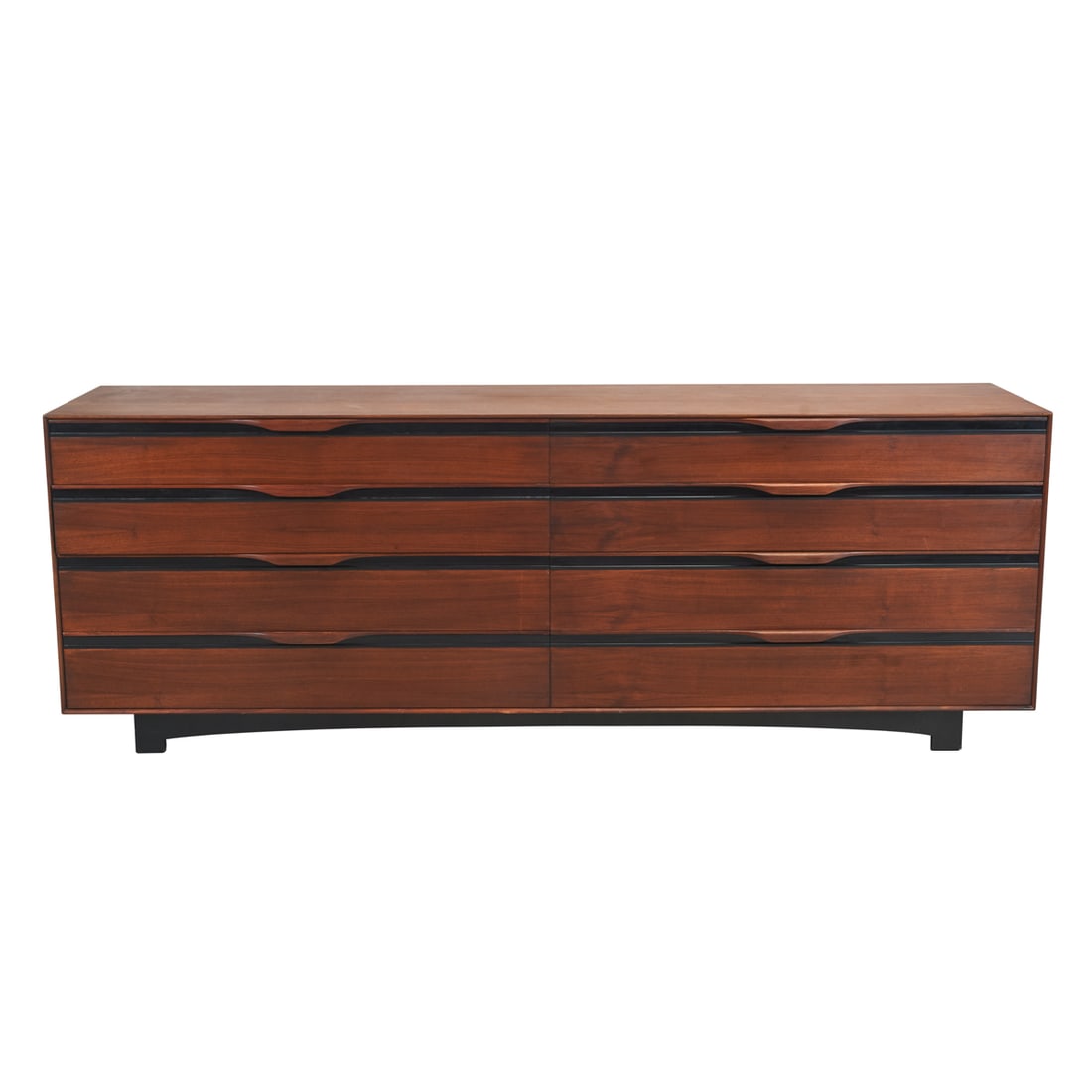 Mid Century Modern Kapel for Glenn Walnut Dresser: Mid Century Modern John Kapel for Glenn of California Walnut Dresser. Eight drawers, with parcel ebonized trim to drawer fronts and ebonized base. Drawer interior with "ARCADIA GLENN CALIFORNIA" round