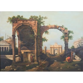20th Century View with Roman Ruins and Figures, oil/can