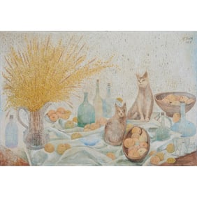 Large Painting on Canvas, Still Life with Cats, R Tosa.