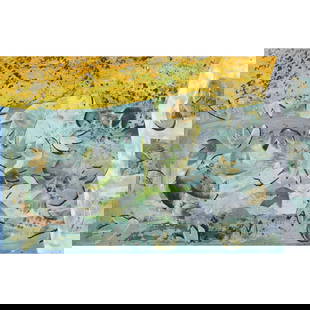 Zigi Ben-Haim, Twinkle Leaves, collage: ZIGI BEN-HAIM (Israeli/American, born 1945), "Twinkle Leaves", 1999 oil collage on aluminum, (approximate dimensions: 28 x 44 inches), Etched title and date verso. Label to verso. Condition: Wear to s