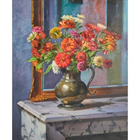 Randall Lake, Zinnias on a Mantle, oil on canvas.