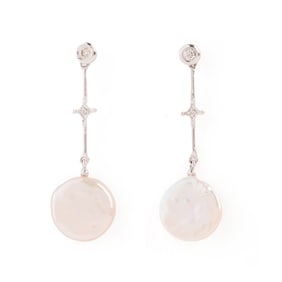 Pair of Cultured Pearl, Diamond, 14k Gold Earrings.