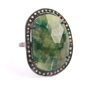 Green Sapphire, Diamond Oxidized Silver Ring.