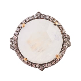 Moonstone, Colorless Quartz, Oxidized Silver Ring.