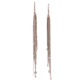 Pair of Diamond, Oxidized Silver Tassel Earrings.