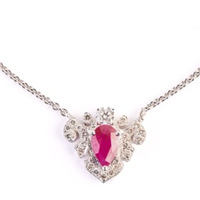 Ruby, Diamond, 18k White Gold Necklace.