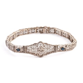 Art Deco Diamond, Sapphire, 14k White Gold Bracelet.