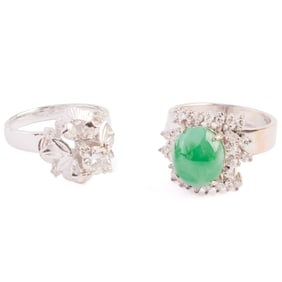 Two Jade, Diamond, Rhodium-Plated, White Gold Rings.