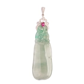 Jadeite Jade, Diamond, Ruby, 18k White Gold Pendant.