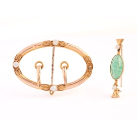 Two Vintage Glass, Seed Pearl, Yellow Gold Brooches.