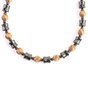 Hematite Bead, 14k Yellow Gold Necklace.