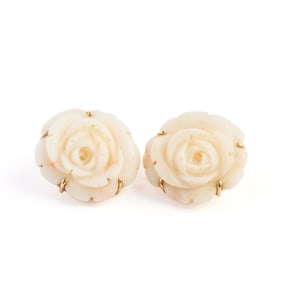 *Pair of Carved Coral, 14k Yellow Gold Ear Clips.