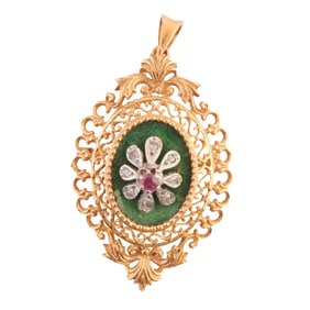 Ruby, Diamond, Enamel, 18k Yellow Gold Pendant Brooch.