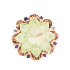 Green Glass, Enamel, 10k Yellow Gold Ring.