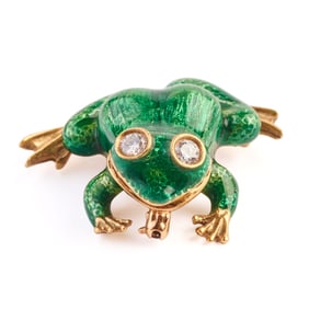 Enamel, Diamond, 18k Yellow Gold Frog Brooch.