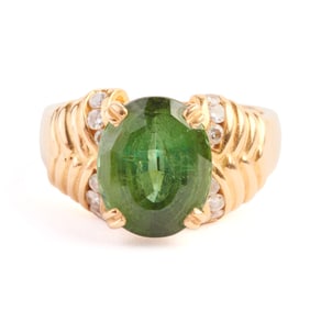 Green Tourmaline, Diamond, 18k Yellow Gold Ring.