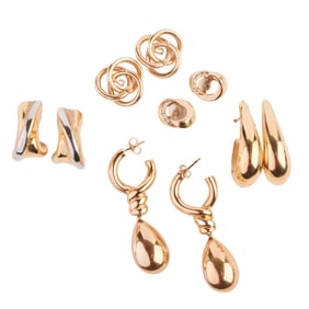 Five Pairs of Diamond, 14k Gold Earrings and Jackets.