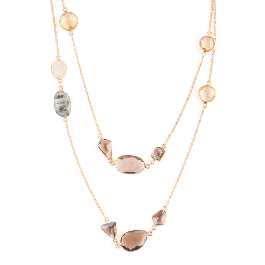 Multi-Stone, Vermeil Necklace.: Multi-Stone, Vermeil Necklace. Featuring several varying shaped smoky quartz, citrine and dendritic quartz, bezel set and linked by vermeil chain, completed by a lobster claw clasp, forming a 45 inch 