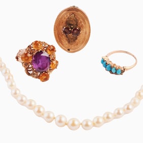 Collection of Multi-Stone, Yellow Gold Jewelry Items.