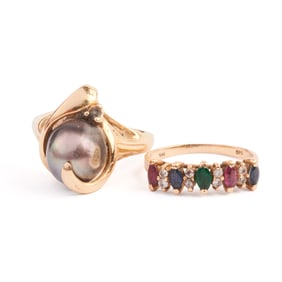 Two Cultured Pearl, Multi-Stone, 14k Yellow Gold Rings.