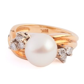 Cultured Pearl, Diamond, 18k Yellow Gold Ring.