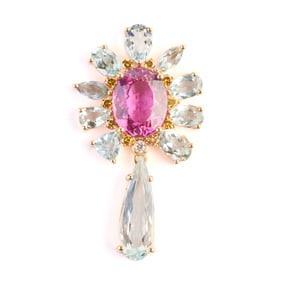 Pink Tourmaline, Aquamarine, Diamond, 18k Gold Pendant.
