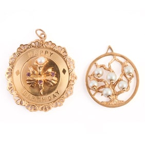 Two Cultured Pearl, Amethyst, 14k Yellow Gold Charms.