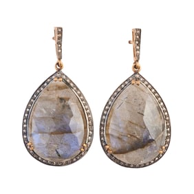 Pair of Labradorite, Diamond, Vermeil Drop Earrings.