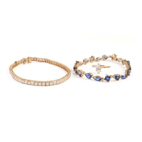 Three Synthetic Stone, Yellow Gold Jewelry Items.