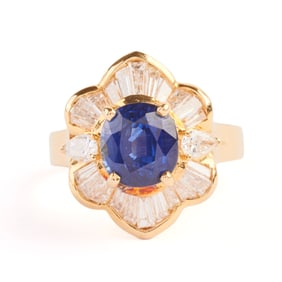 Sapphire, Diamond, 18k Yellow Gold Ring.