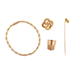 Collection of Four Diamond, Yellow Gold Jewelry Items.